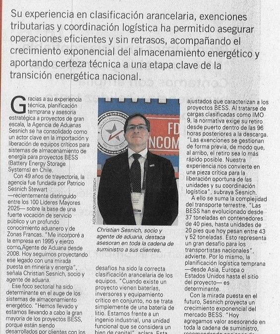 Agencia de Aduanas Sesnich, socio estratégico en desarrollo de Proyectos BESS