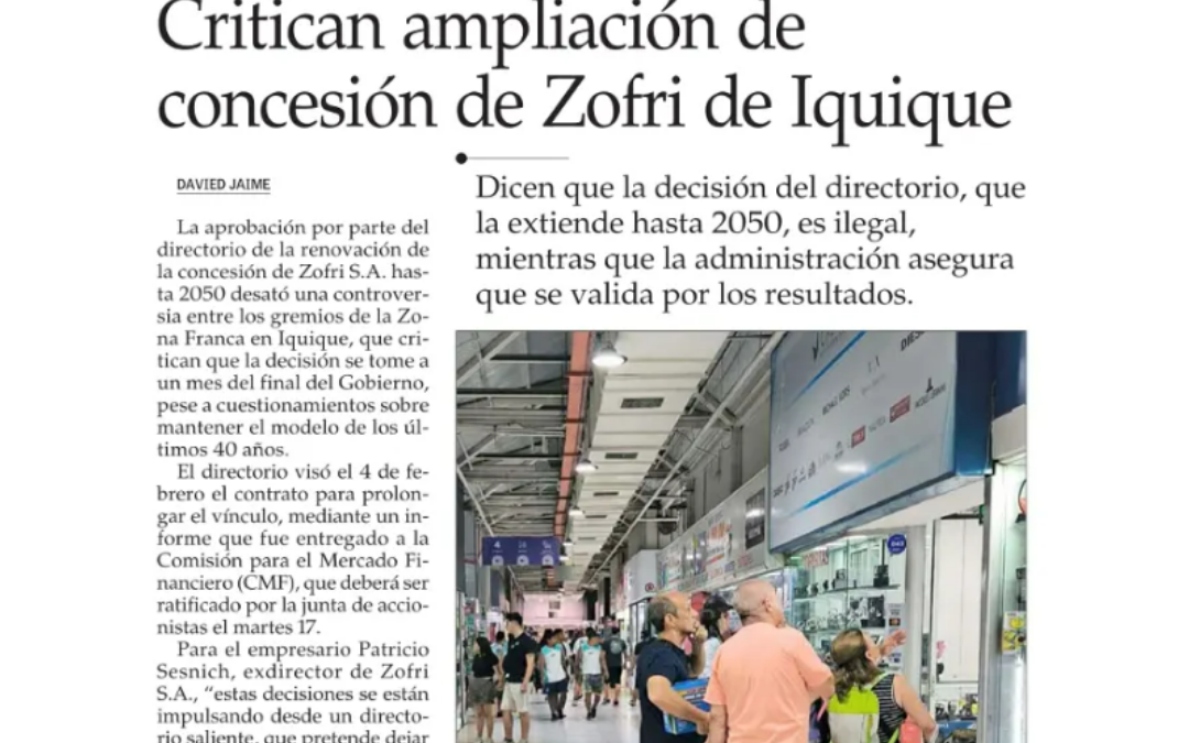 Publicación Diario El Mercurio concesión de Zofri de Iquique